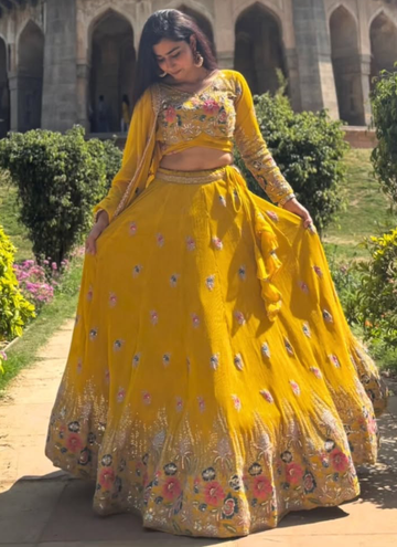 Georgette Floral Embroidery Work Yellow Haldi Special Lehenga Choli